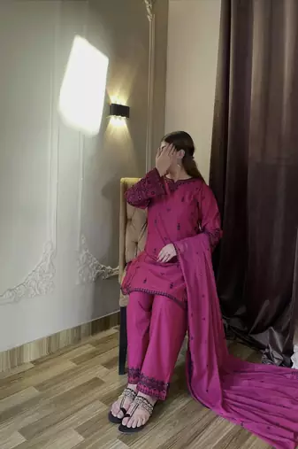 purple cotton readymade suit with thread & sequence work