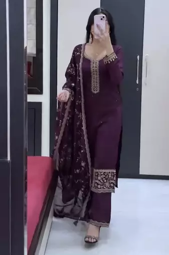 purple georgette readymade suit with diamond & sequence work