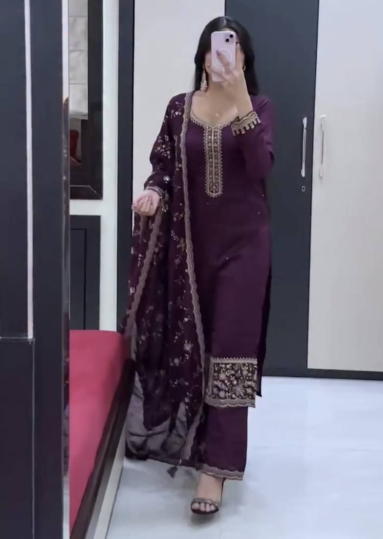 purple georgette readymade suit with diamond & sequence work