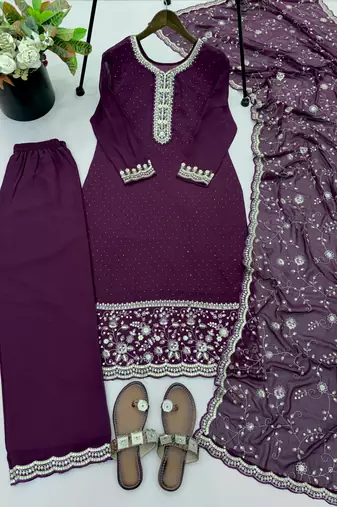 purple georgette readymade suit with diamond & sequence work