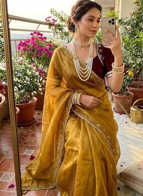 Golden Color hand work Silk Blend Saree 1