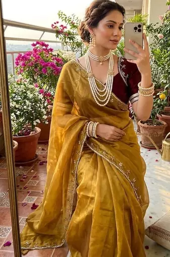 Golden Color hand work Silk Blend Saree
