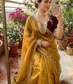 Golden Color hand work Silk Blend Saree