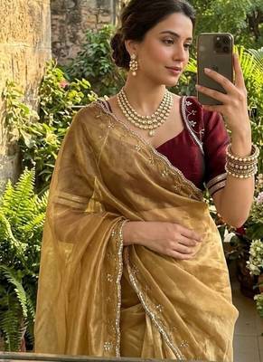 Golden Color hand work Silk Blend Saree 2