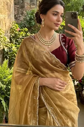 Golden Color hand work Silk Blend Saree