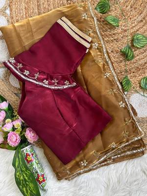 Golden Color hand work Silk Blend Saree 5