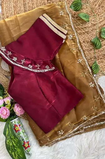 Golden Color hand work Silk Blend Saree