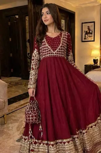 maroon georgette readymade anarkali suit with embroidery & sequence work