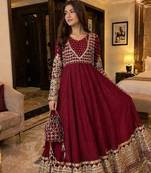 maroon georgette readymade anarkali suit with embroidery & sequence work