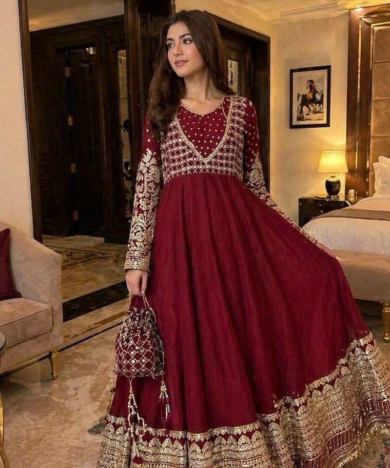maroon georgette readymade anarkali suit with embroidery & sequence work
