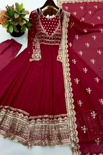 maroon georgette readymade anarkali suit with embroidery & sequence work