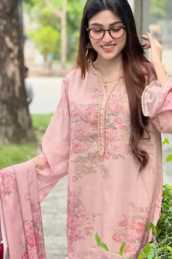 pink georgette readymade suit with digital printed work