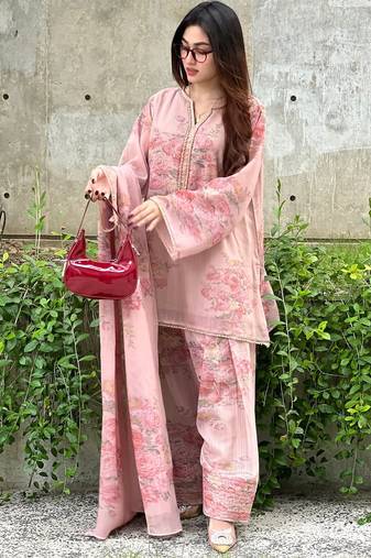 pink georgette readymade suit with digital printed work