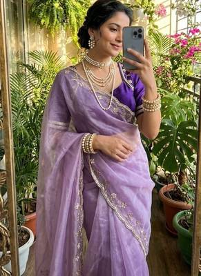 lavender Color hand work Silk Blend Saree 1