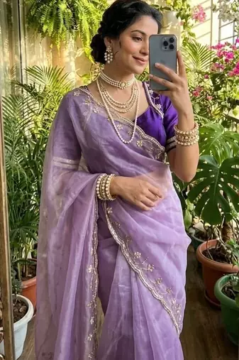 lavender Color hand work Silk Blend Saree