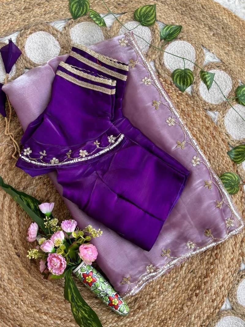 lavender Color hand work Silk Blend Saree