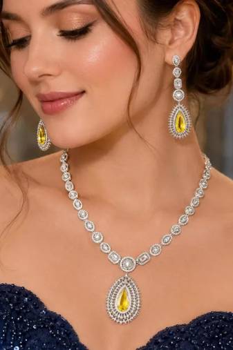 yellow teardrop cz bridal jewellery set, silver pear pendant necklace, drop earrings