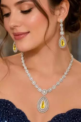 yellow teardrop cz bridal jewellery set, silver pear pendant necklace, drop earrings