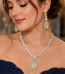 yellow teardrop cz bridal jewellery set, silver pear pendant necklace, drop earrings