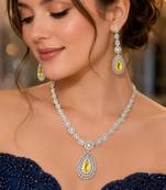 yellow teardrop cz bridal jewellery set, silver pear pendant necklace, drop earrings