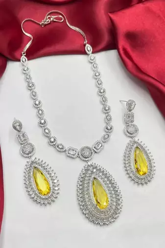 yellow teardrop cz bridal jewellery set, silver pear pendant necklace, drop earrings
