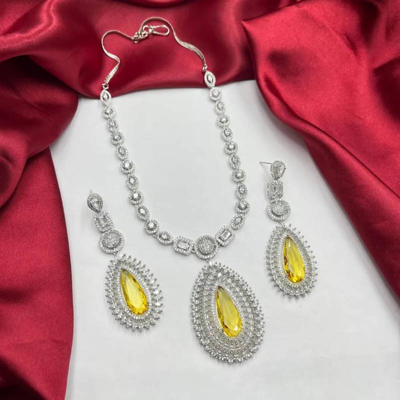 yellow teardrop cz bridal jewellery set, silver pear pendant necklace, drop earrings