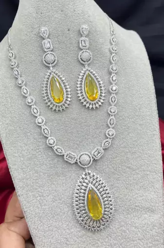 yellow teardrop cz bridal jewellery set, silver pear pendant necklace, drop earrings
