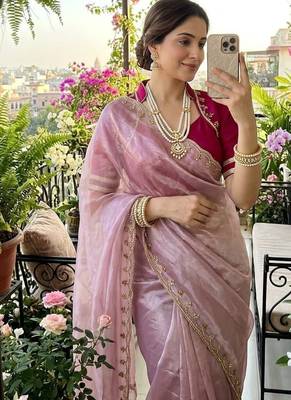 Pink Color hand work Silk Blend Saree 1