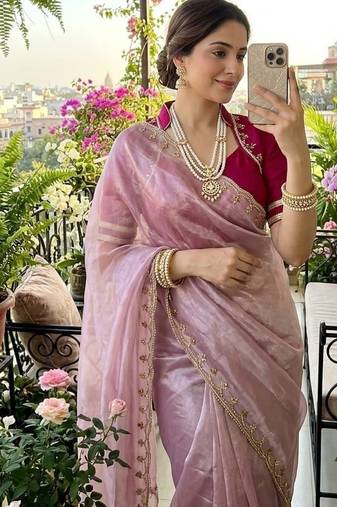 Pink Color hand work Silk Blend Saree