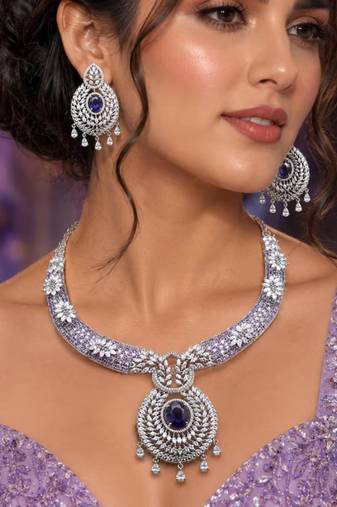 sapphire blue cz bridal choker necklace and chandelier earrings set