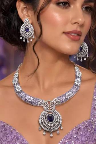 sapphire blue cz bridal choker necklace and chandelier earrings set