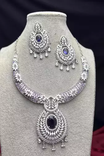 sapphire blue cz bridal choker necklace and chandelier earrings set