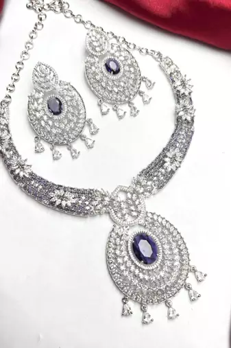 sapphire blue cz bridal choker necklace and chandelier earrings set
