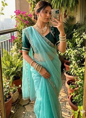 Sky Blue Color hand work Silk Blend Saree 1