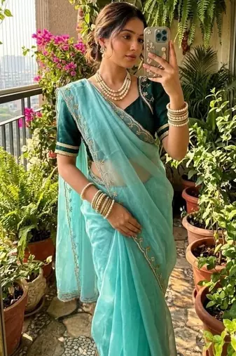 Sky Blue Color hand work Silk Blend Saree