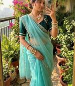 Sky Blue Color hand work Silk Blend Saree
