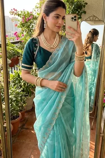 Sky Blue Color hand work Silk Blend Saree