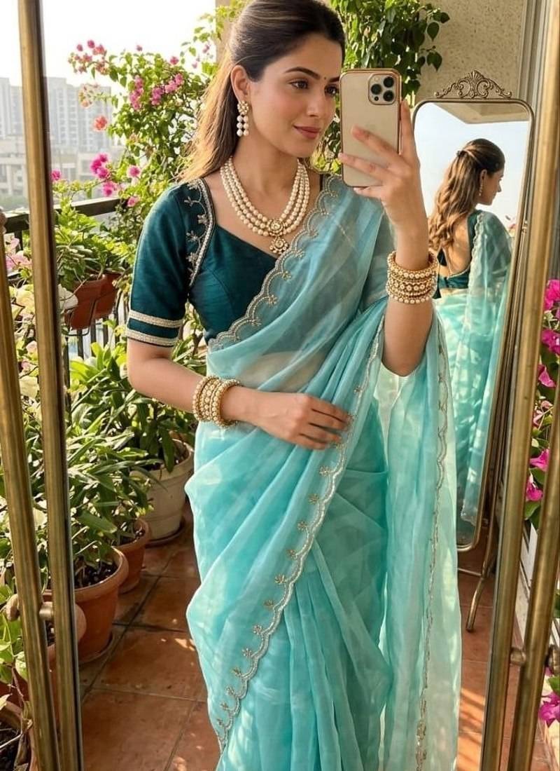 Sky Blue Color hand work Silk Blend Saree