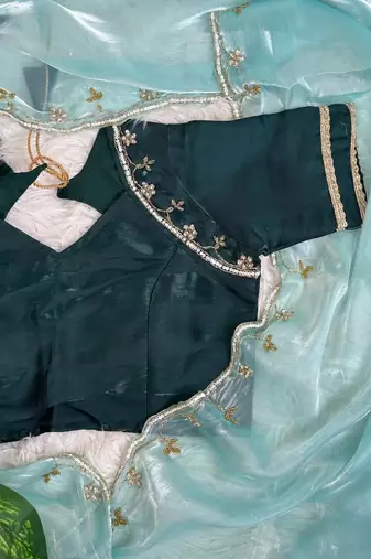 Sky Blue Color hand work Silk Blend Saree