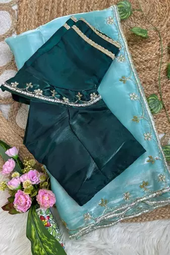 Sky Blue Color hand work Silk Blend Saree