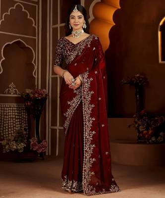 Maroon jimmy choo zari butti work embellished wedding wear saree 1