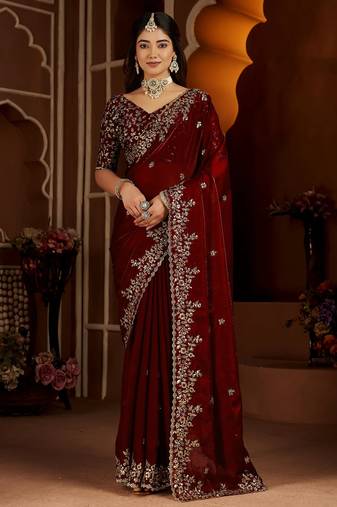 Maroon jimmy choo zari butti work embellished wedding wear saree