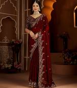 Maroon jimmy choo zari butti work embellished wedding wear saree