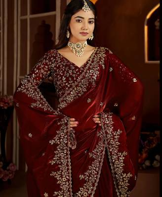 Maroon jimmy choo zari butti work embellished wedding wear saree 2