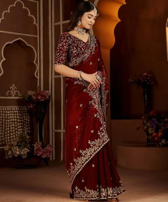 Maroon jimmy choo zari butti work embellished wedding wear saree 3