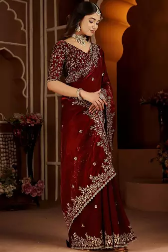 Maroon jimmy choo zari butti work embellished wedding wear saree