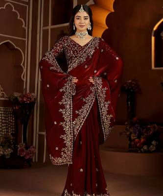 Maroon jimmy choo zari butti work embellished wedding wear saree 5