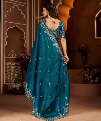 Blue jimmy choo zari butti work embellished wedding wear saree 2