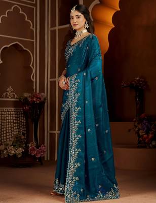 Blue jimmy choo zari butti work embellished wedding wear saree 3