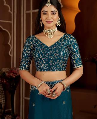 Blue jimmy choo zari butti work embellished wedding wear saree 4